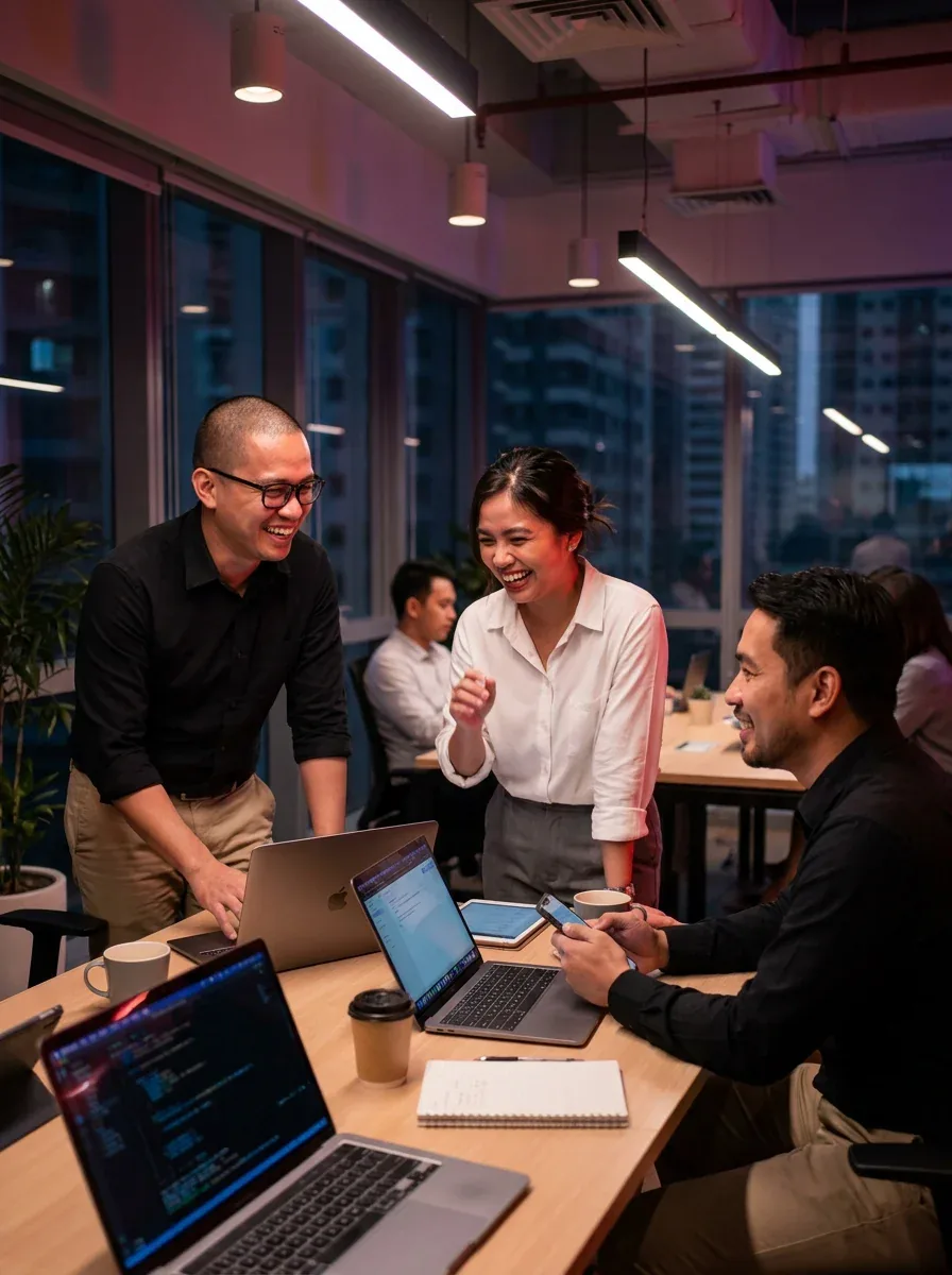 KDCI teammates collaborating around a laptop in a bright office