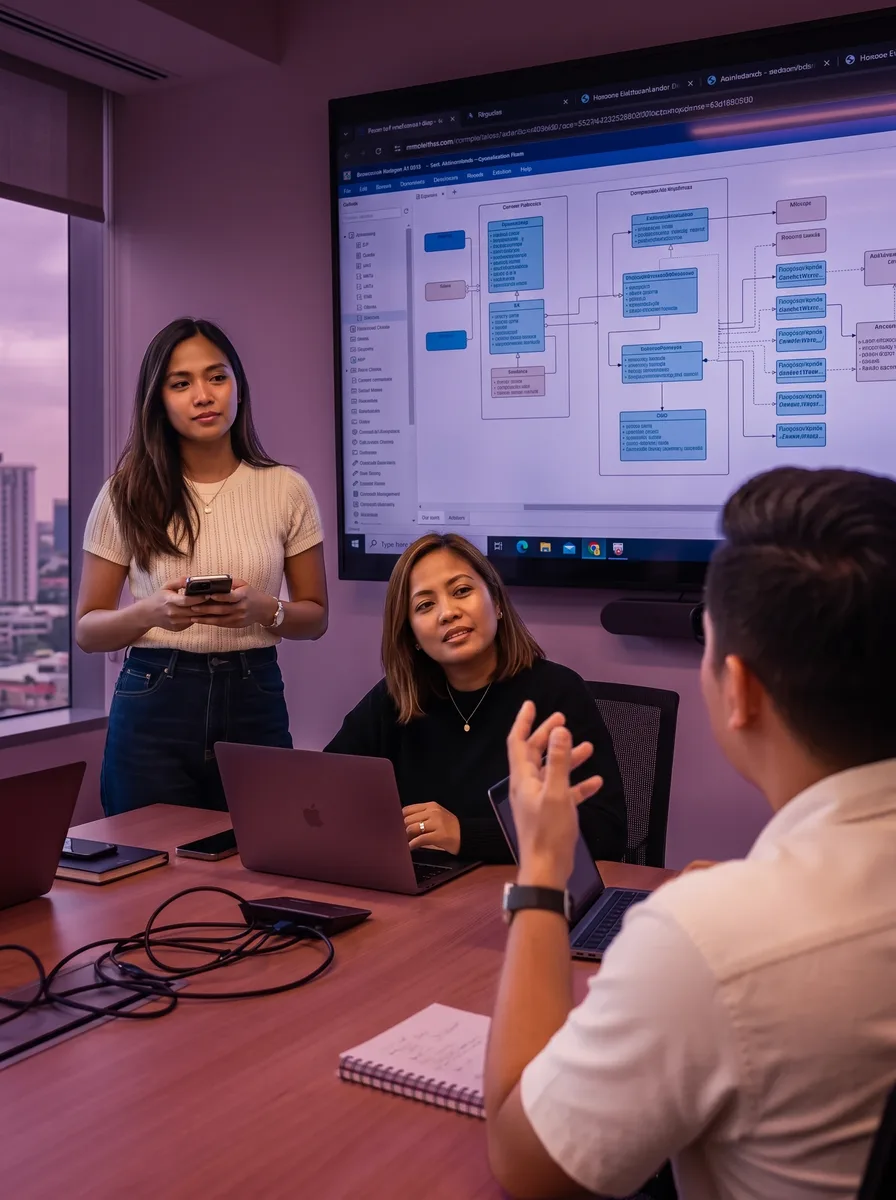 Team discussing an integration workflow beside a large display