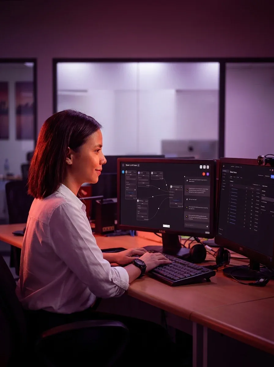 A KDCI AI specialist working at a desk with two monitors