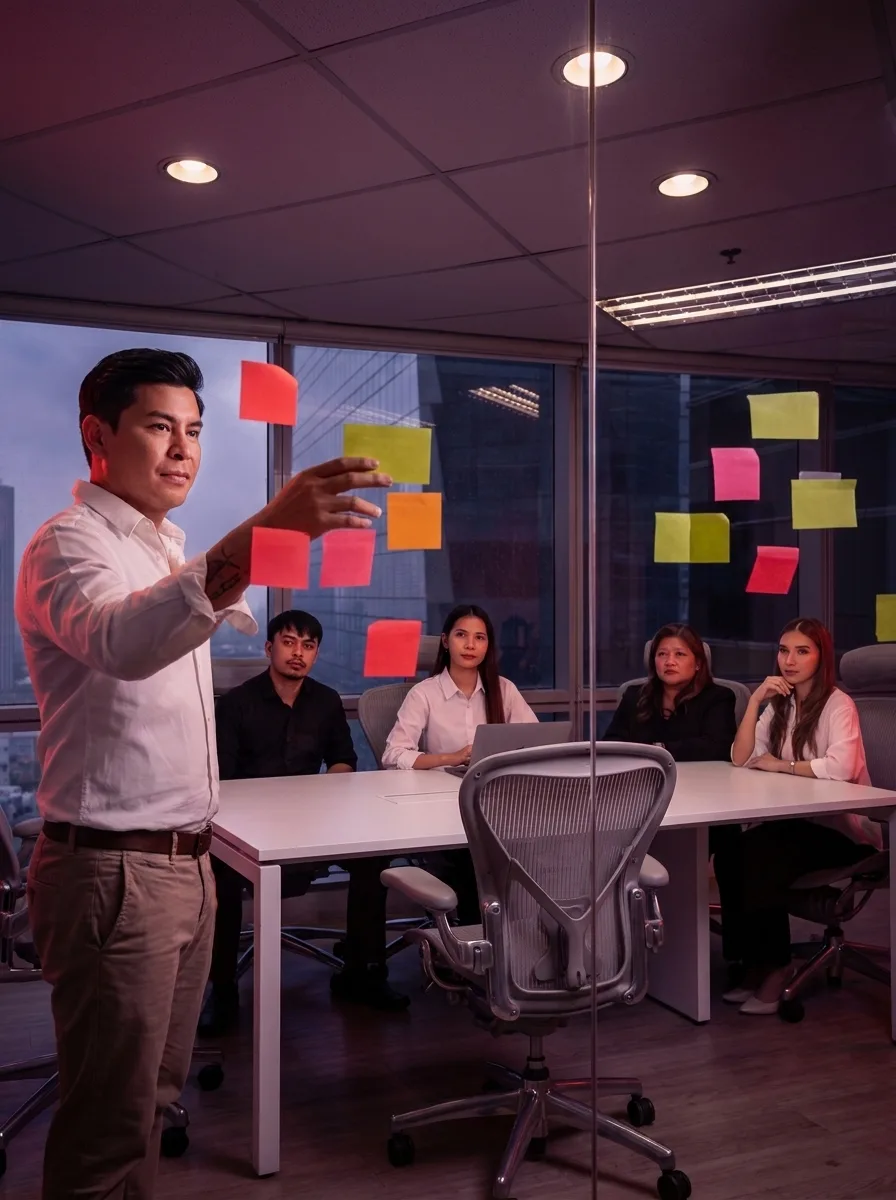 AI consulting team planning a project with sticky notes