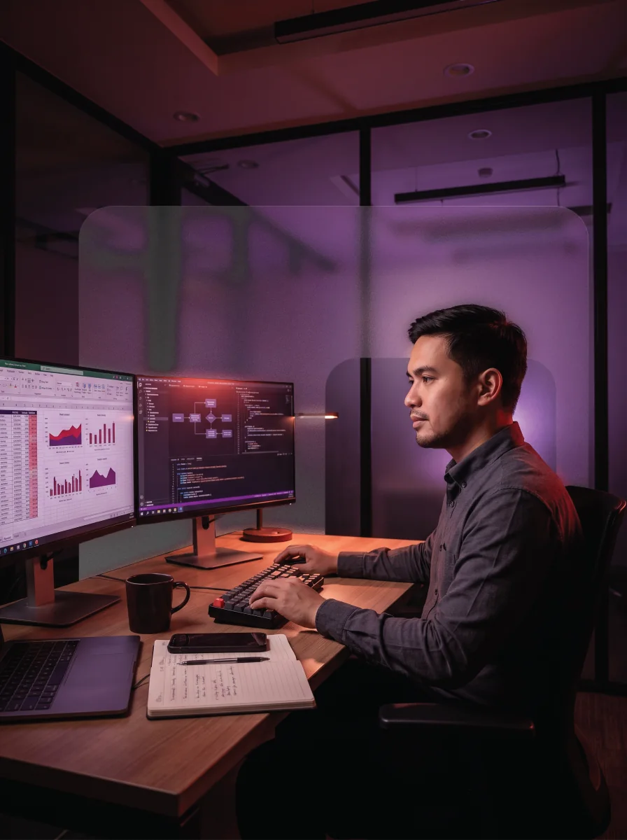 AI team working together at computer monitors