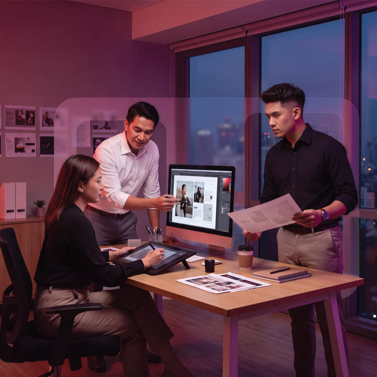 Graphic design team reviewing campaign concepts together