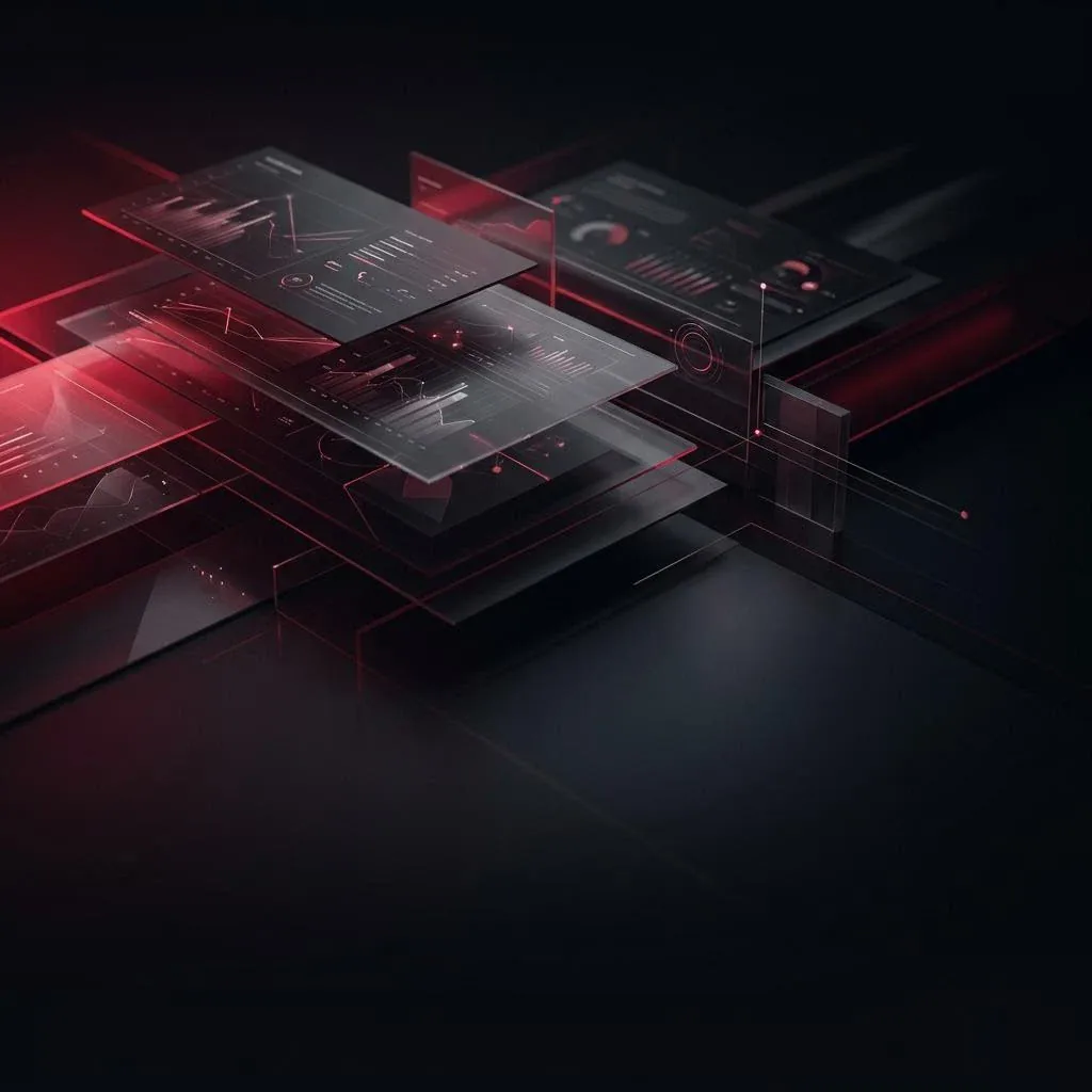 Layered presentation graphics with red accents