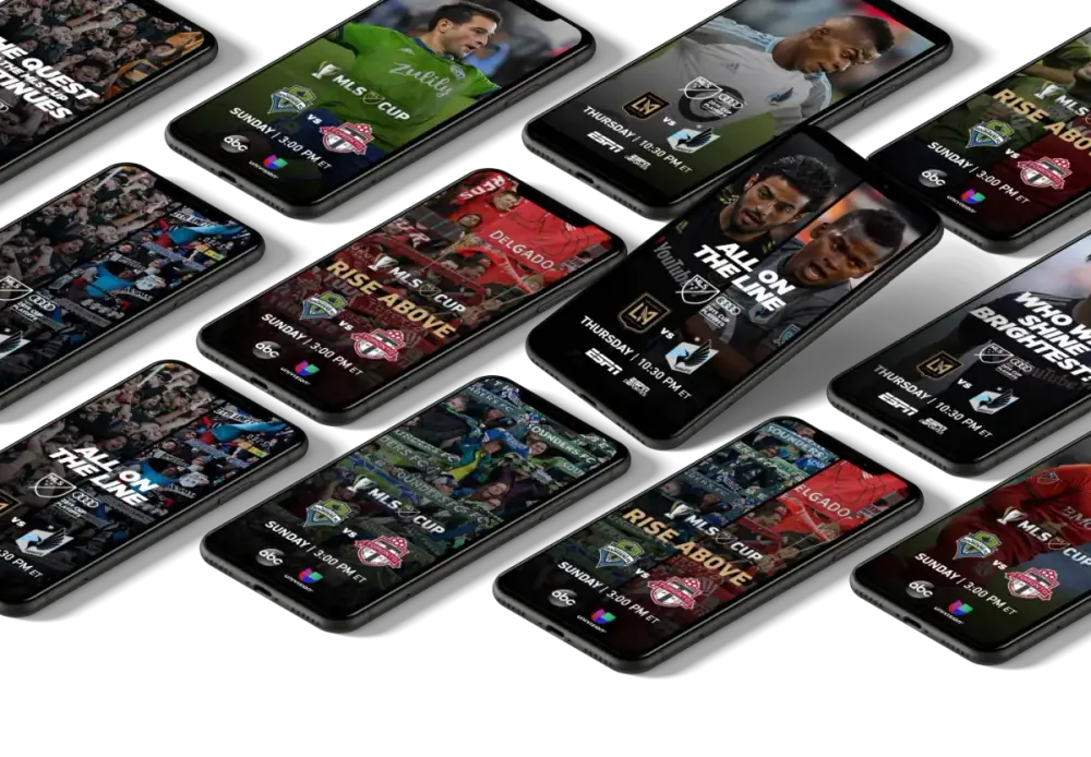 Social media graphics displayed across mobile screens