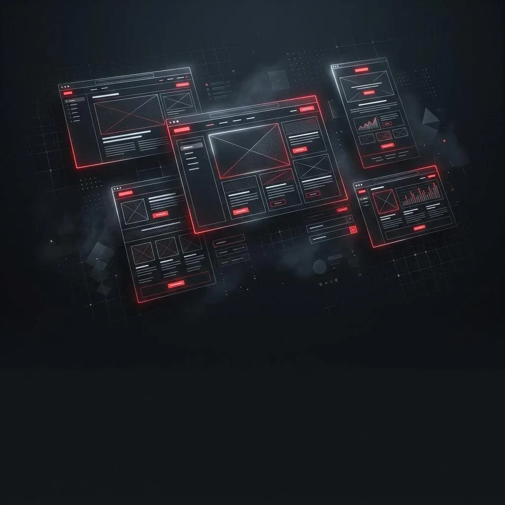 Website and email layouts displayed on a dark background