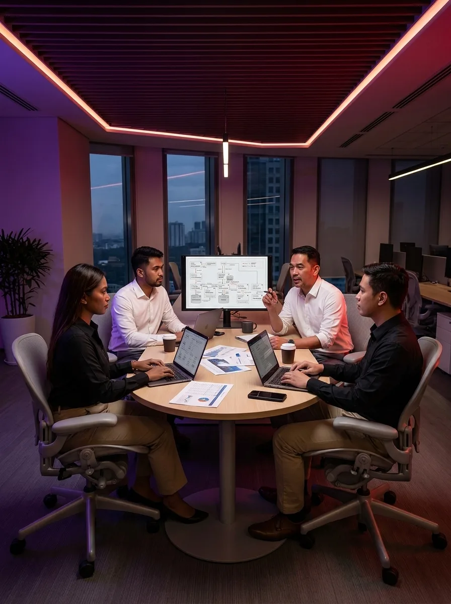Team collaborating around a laptop in an office